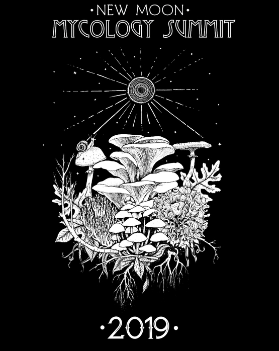 New Moon Mycology Summit Poster black and white snail fungus mycelium 2019 new york leaves roots worm gill cap stem botanical illustration Oona Goodman