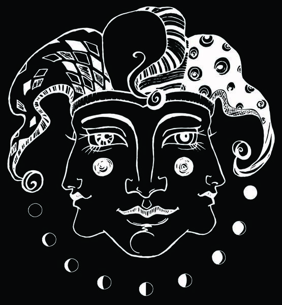 Wonderfool Productions T-Shirt design jester stars moon janus face head black and white illustration Oona Goodman Michigan