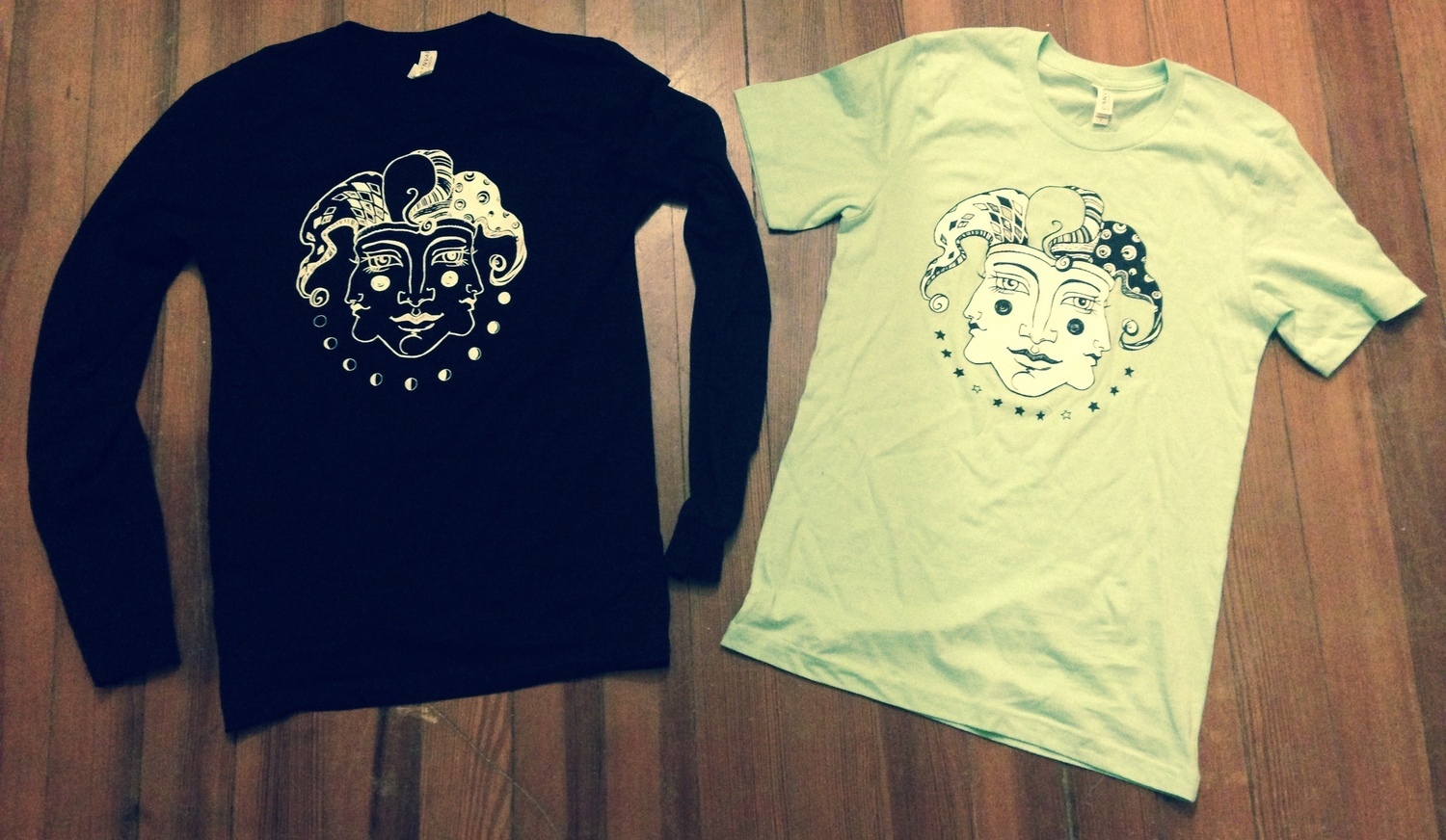 Wonderfool Productions T-Shirts Wonderfool Productions T-Shirt design jester stars moon janus face head black and white illustration Oona Goodman Michigan photograph product merch