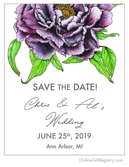 peony flower botanical illustration Michigan leaves petals purple green Oona Goodman wedding invitations save the date