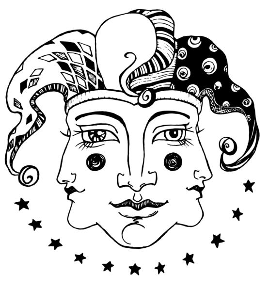 Wonderfool Productions T-Shirt design jester stars moon janus face head black and white illustration Oona Goodman Michigan