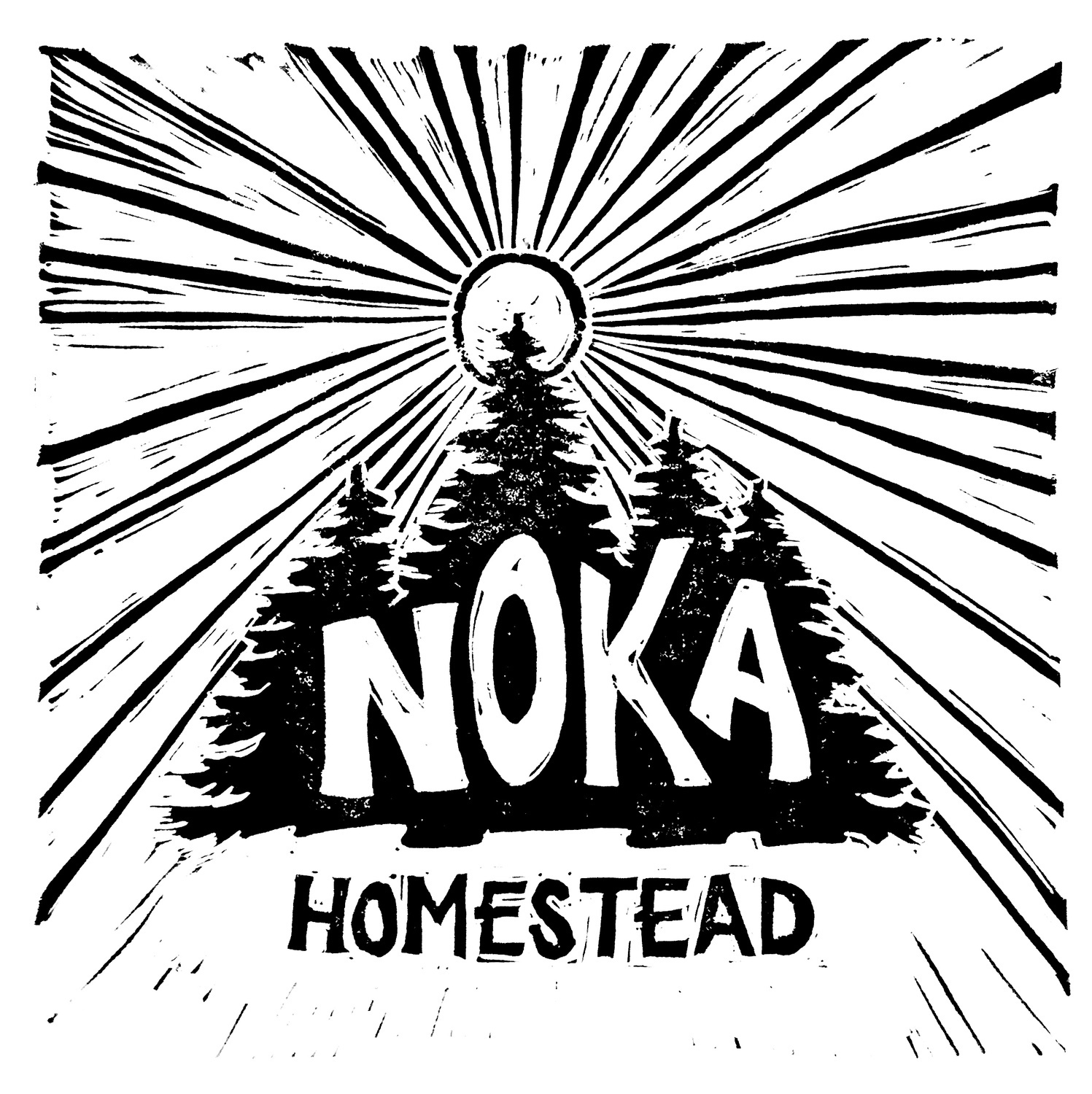 NOKE Homestead blockprint logo emblem pine tree sun black and white illustration design Oona Goodman Michigan